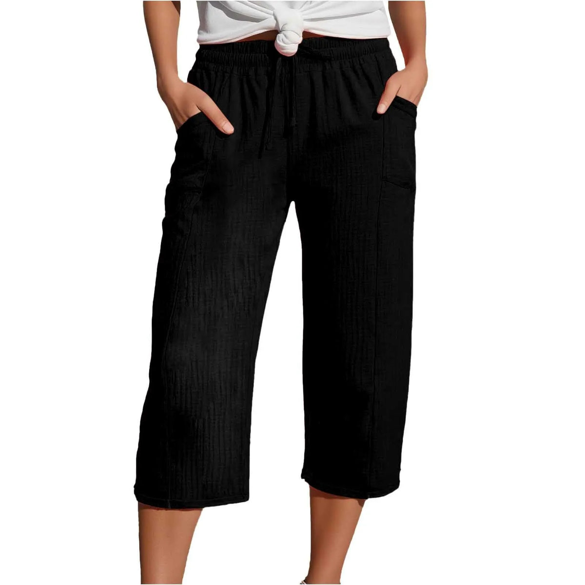 Elastic Waist Drawstring Capri Pants