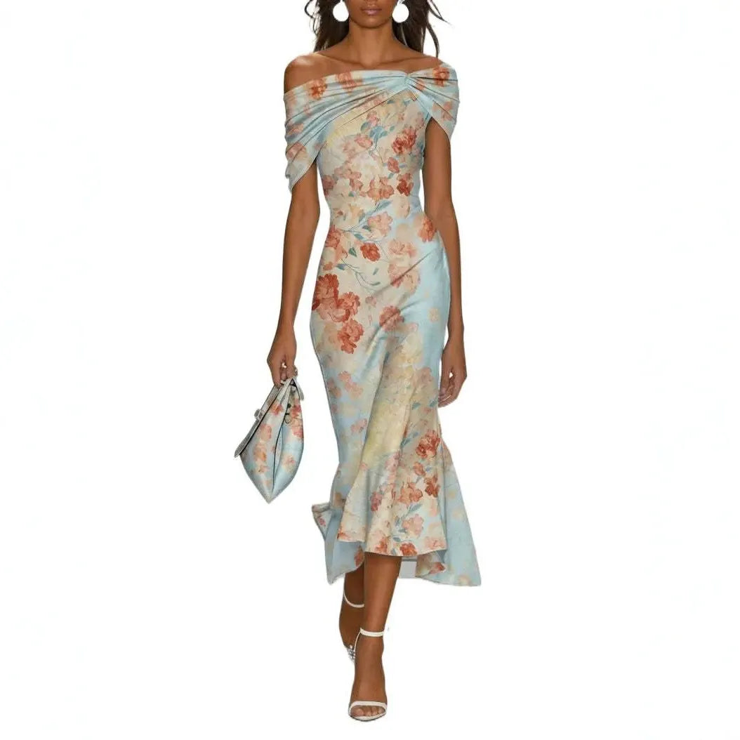 Floral Print Off Shoulder Short Sleeve Mid Waist Slim Mermaid Midi Dress