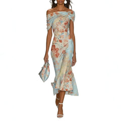 Floral Print Off Shoulder Short Sleeve Mid Waist Slim Mermaid Midi Dress