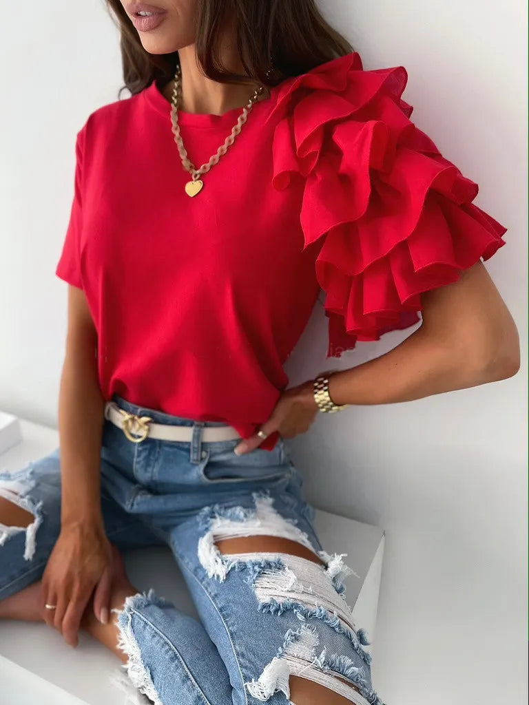 One Shoulder Ruffle Sleeve T-Shirt