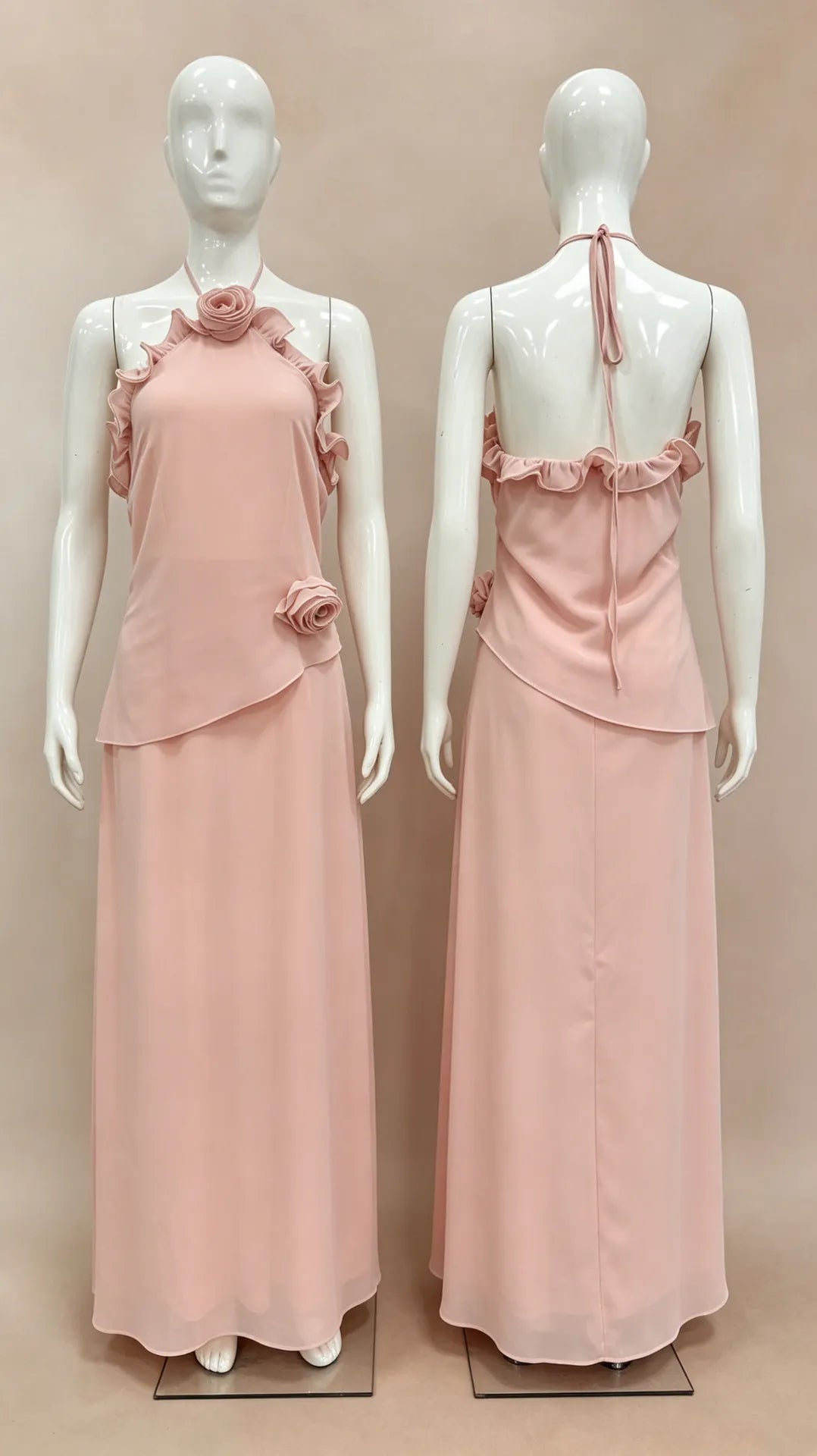 Pink 3D Floral Halter Neck Maxi Dress