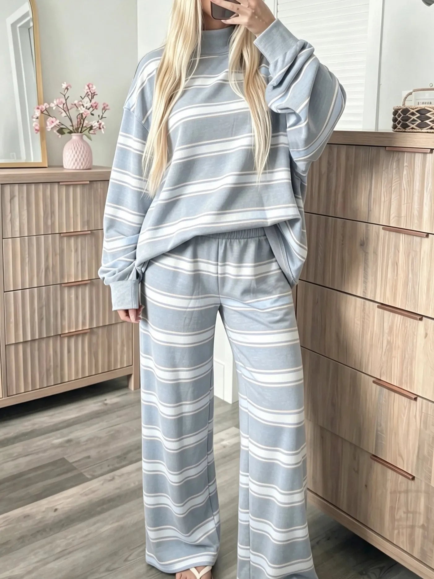 Casual Striped Matching Two Piece Set, Cozy Mock Neck Sweatshirt and Wide Leg Trousers