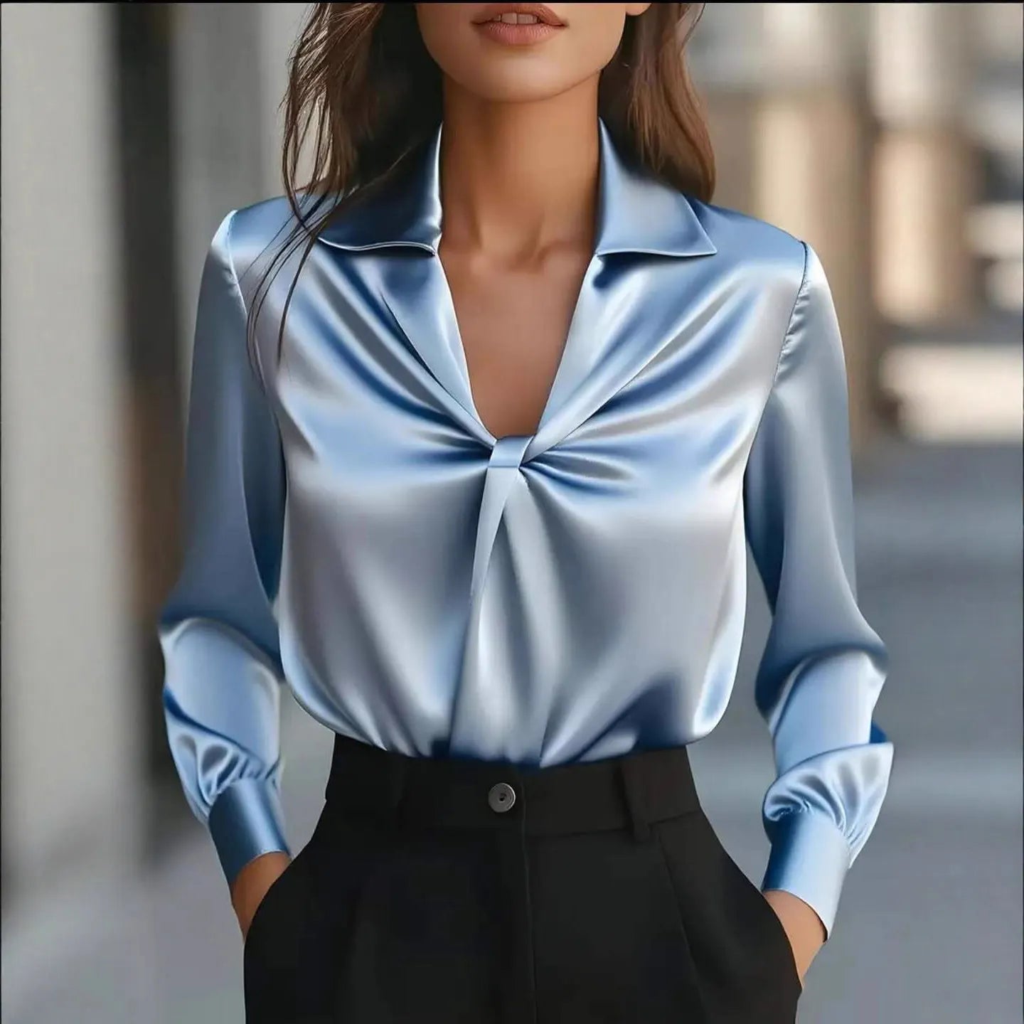 Solid Twisted Front Satin Long-Sleeve Blouse