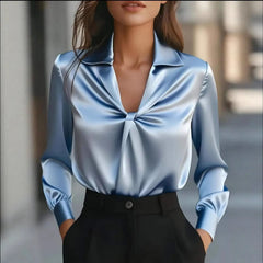 Solid Twisted Front Satin Long-Sleeve Blouse