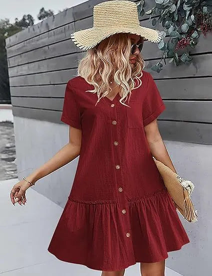 V Neck Short Sleeve Button Down Ruffle Hem Midi Dress