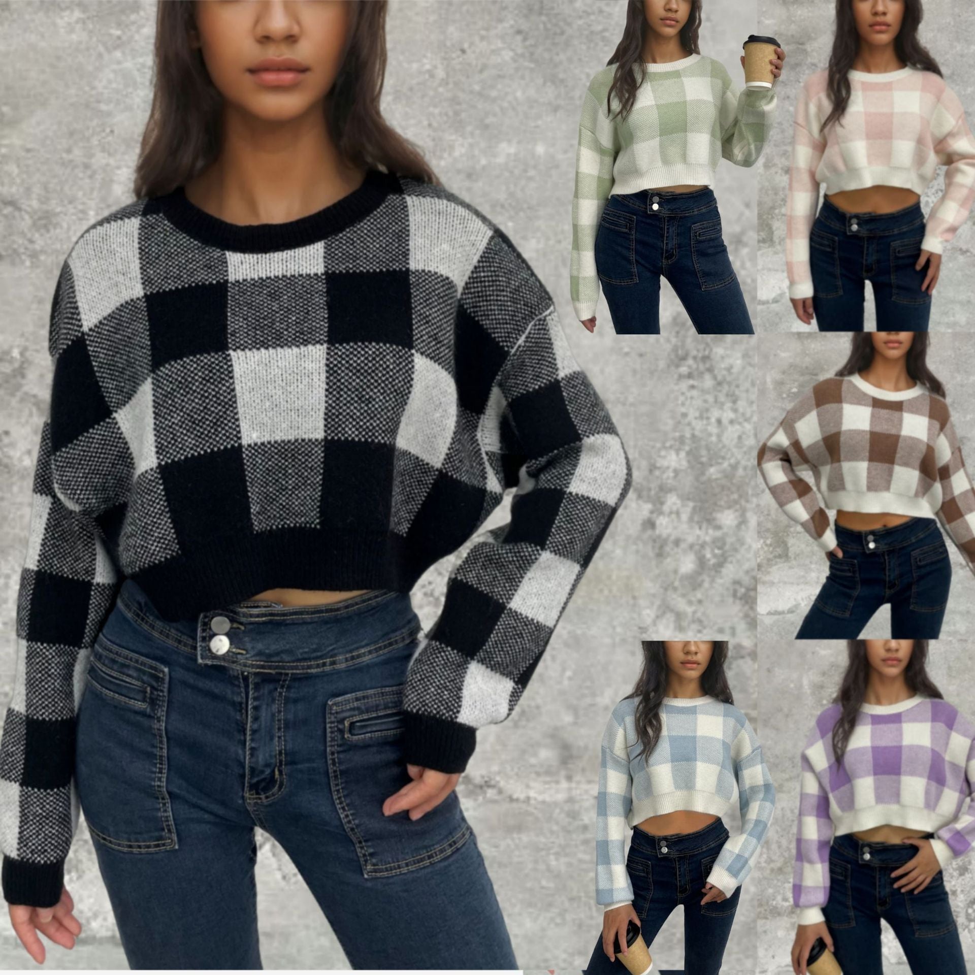 Pink White Plaid Round Neck Cropped Pullover Sweater