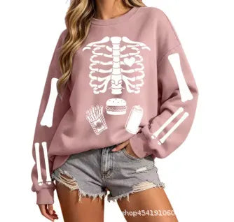 Halloween Skeleton Food Print Crew Neck Sweatshirt