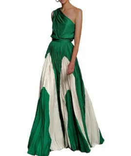 One Shoulder Color Block Printed Maxi Dress
