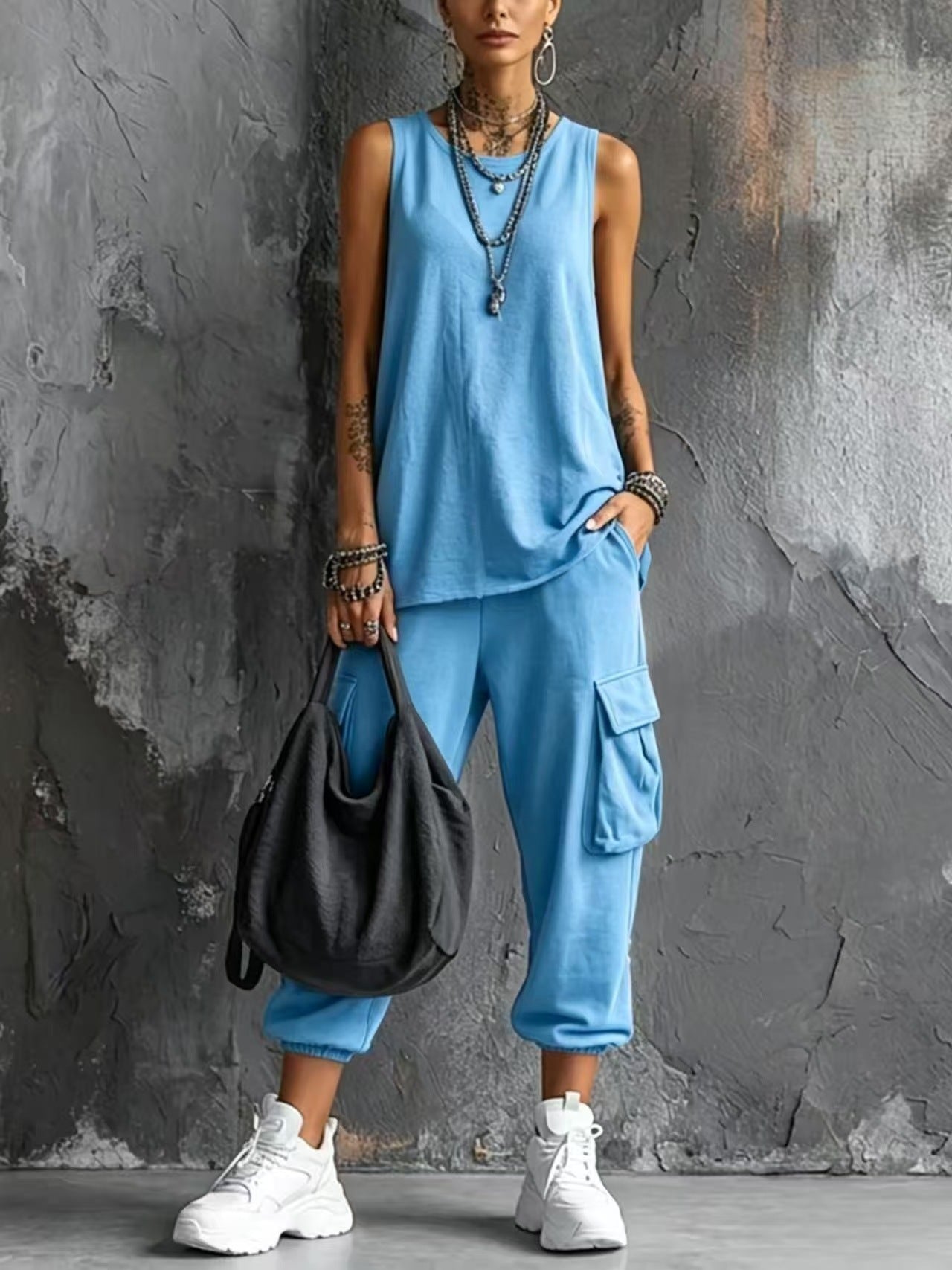 Dark Gray Sleeveless Tank & Cargo Pants Set