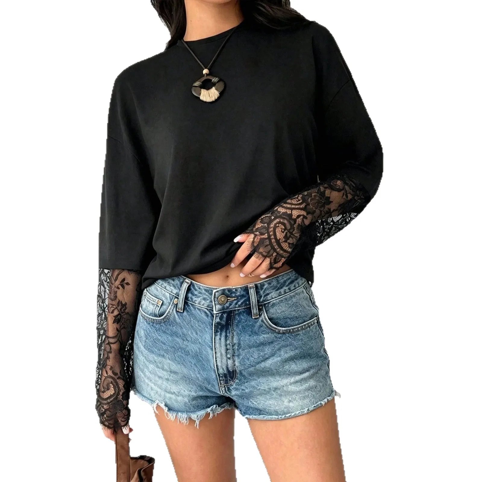 Black Long Sleeve Top With Floral Lace Sleeves & Open Lace Back | Split Back Contrast Lace Blouse