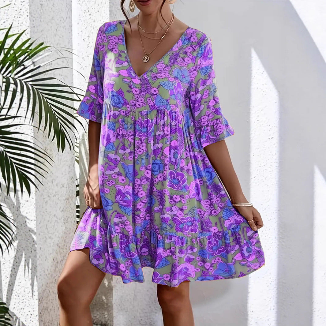 Floral Print Ruffle Hem Mini Dress