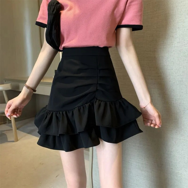 High-Waisted Ruched Ruffle Mini Skirt