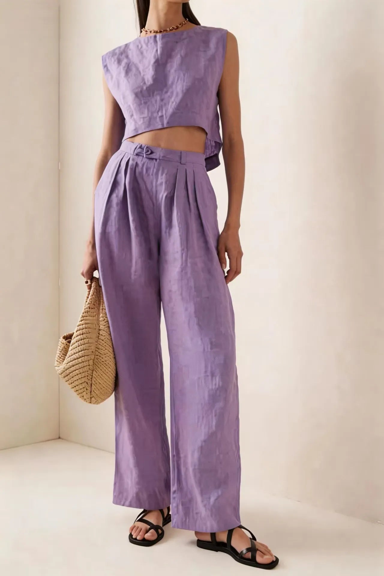 Sleeveless Crop Top & High-Waist Wide-Leg Pants Set