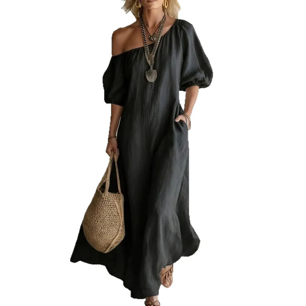 Solid Color Off Shoulder Puff Sleeve Pleated Midi Puffy Shirt Dress