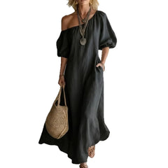 Solid Color Off Shoulder Puff Sleeve Pleated Midi Puffy Shirt Dress