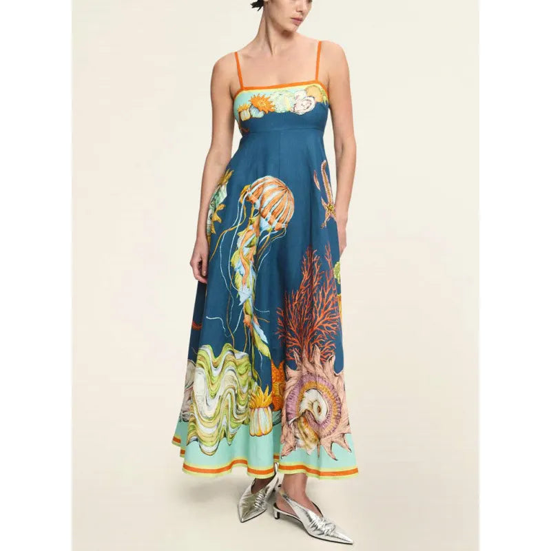 Whimsical Art Print Spaghetti-Strap Maxi Dress