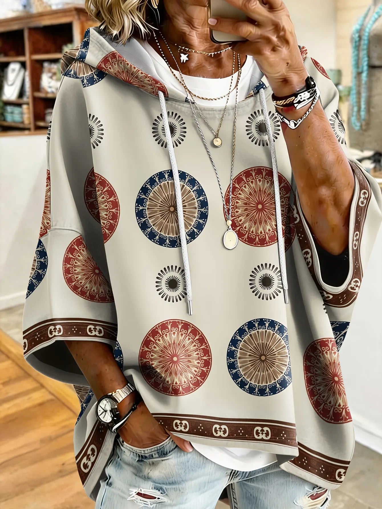 Vintage Floral 3D Print Hooded Seven‑Quarter Sleeve Sweatshirt