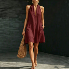 Halter V-Neck Sleeveless Loose A-Line Midi Dress