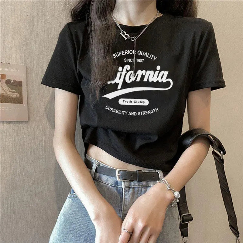 Round Neck California Letter Print Slim Fit Crop Short Sleeve T-Shirt