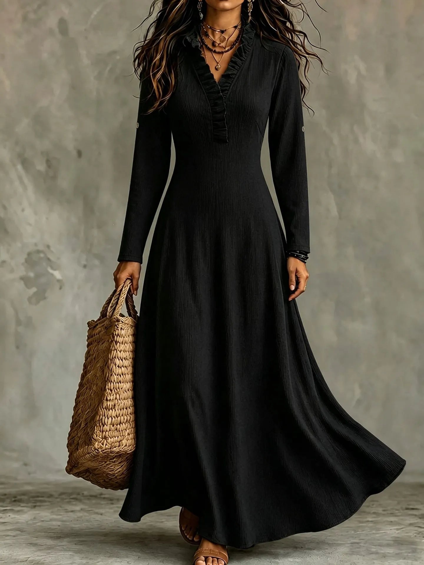 Olive Green Ruffled V-Neck Long Sleeve Flowy Maxi Dress