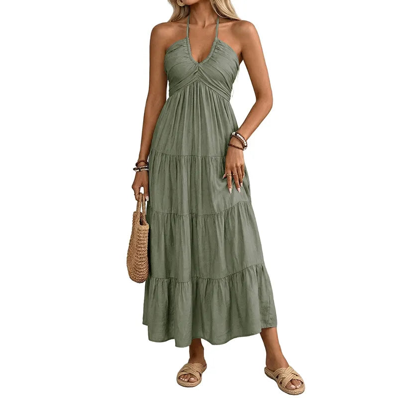 Green Halter Neck Tiered Maxi Dress