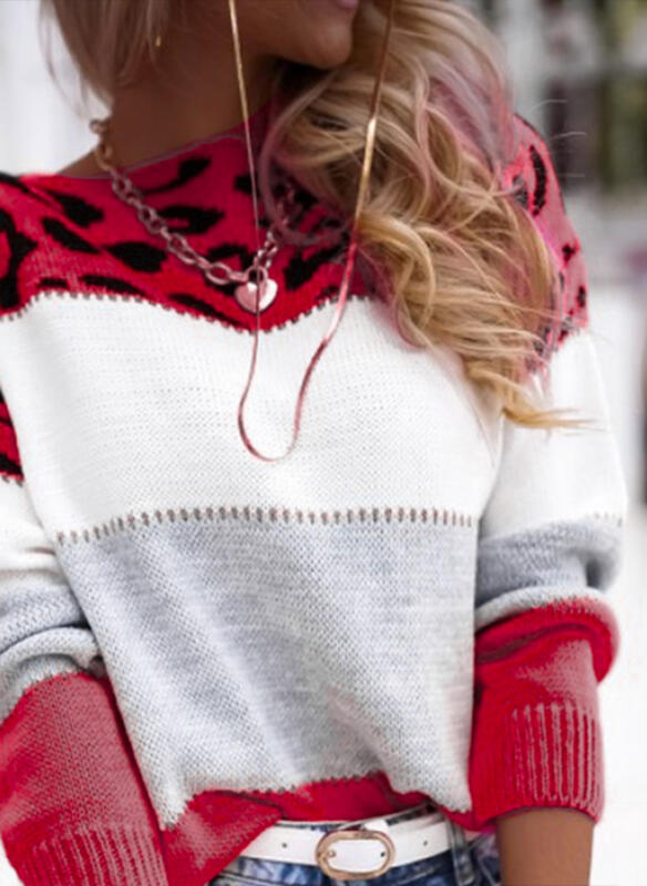 Grey White Pink Leopard Spliced Knit Top, Ladies Crewneck Color Block Casual Sweater