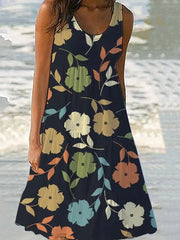 Floral Print Sleeveless Round Neck Tiered Midi Dress