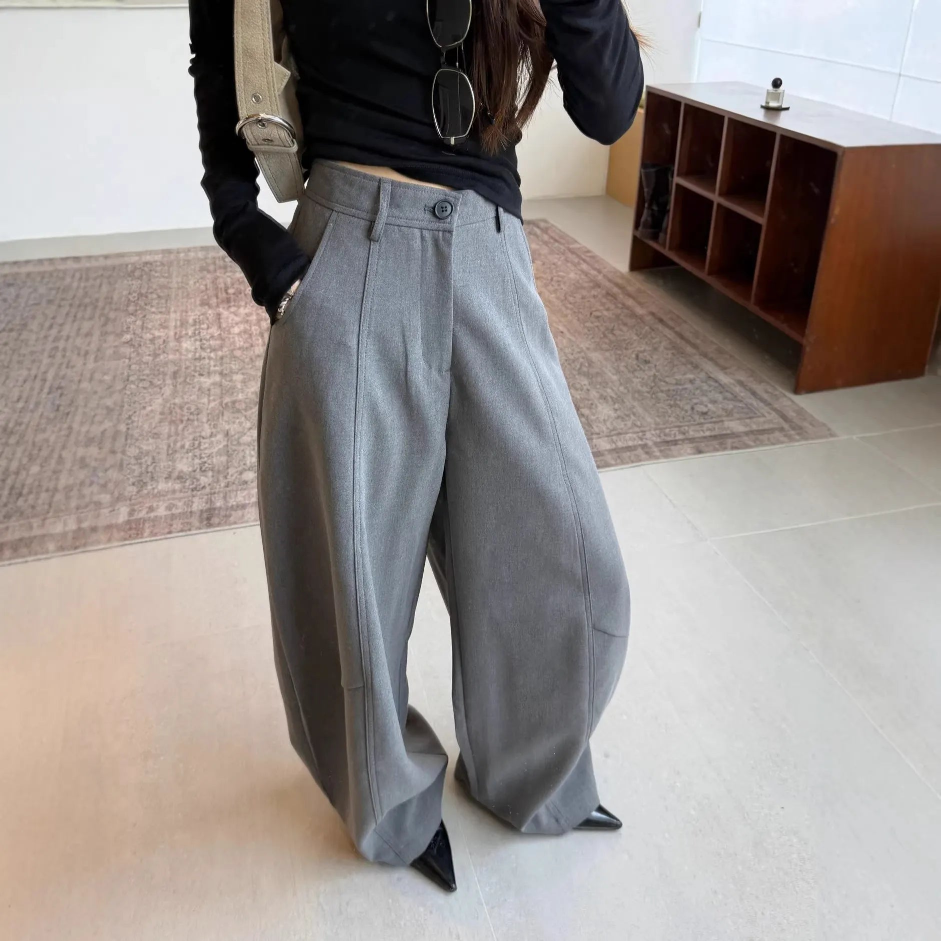 Mid-High Waist 3D Tailored Scimitar Wide Leg Suit Pants