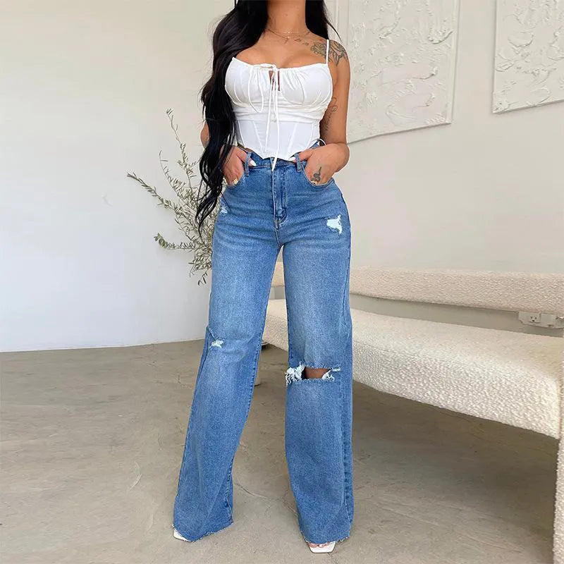 Ripped Destroyed High Waist Wide Leg Jeans