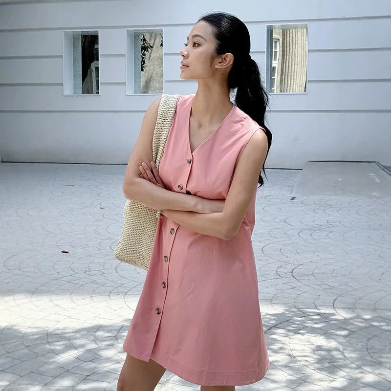 Halloween Dress, V Neck Sleeveless Button Front Solid Color Casual A-line Mini Dress
