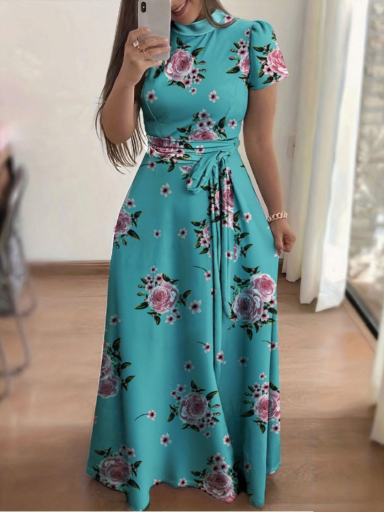 Satin Floral Print High Neck Short Sleeve Maxi Dress