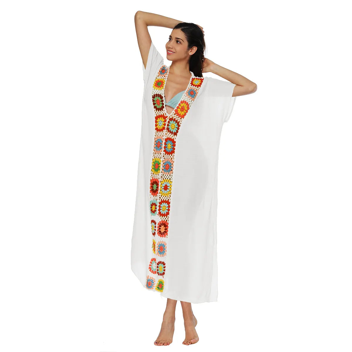 Colorful Crochet V-Neck Batwing Sleeve Loose Long Cover-Up Dress