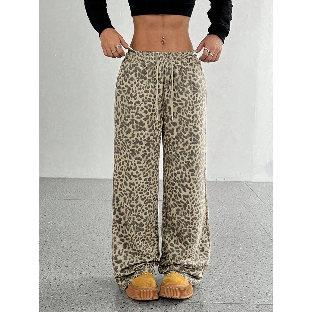 High Waist Leopard Print Straight Wide Leg Pants