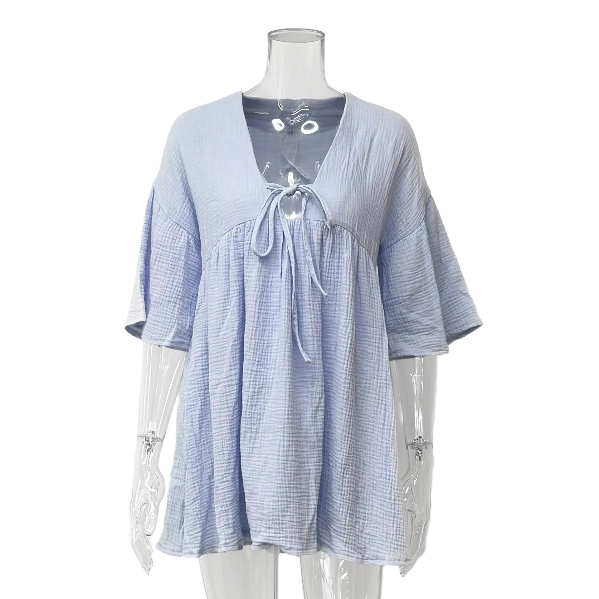 V-Neck Tie Front Flare Sleeve Crinkle Mini Dress
