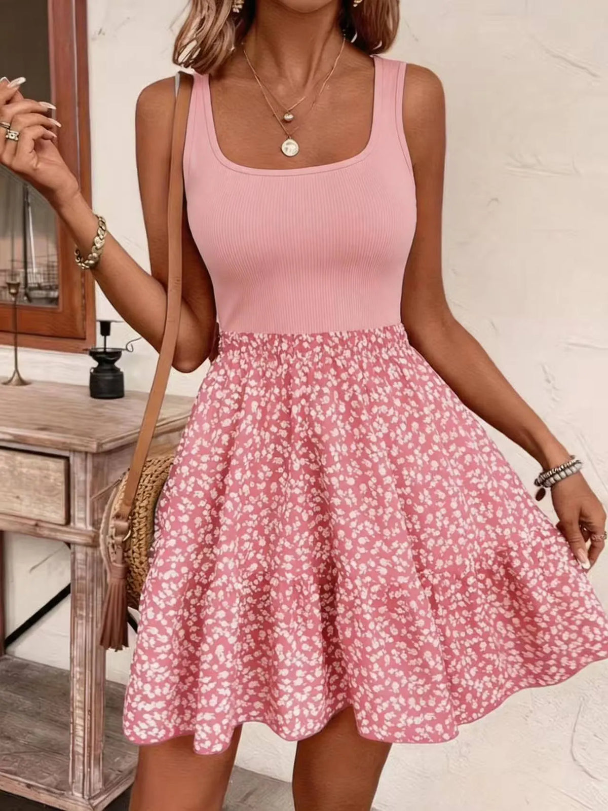 Square Neck Sleeveless Floral Spliced Slim-Fit Midi Dress