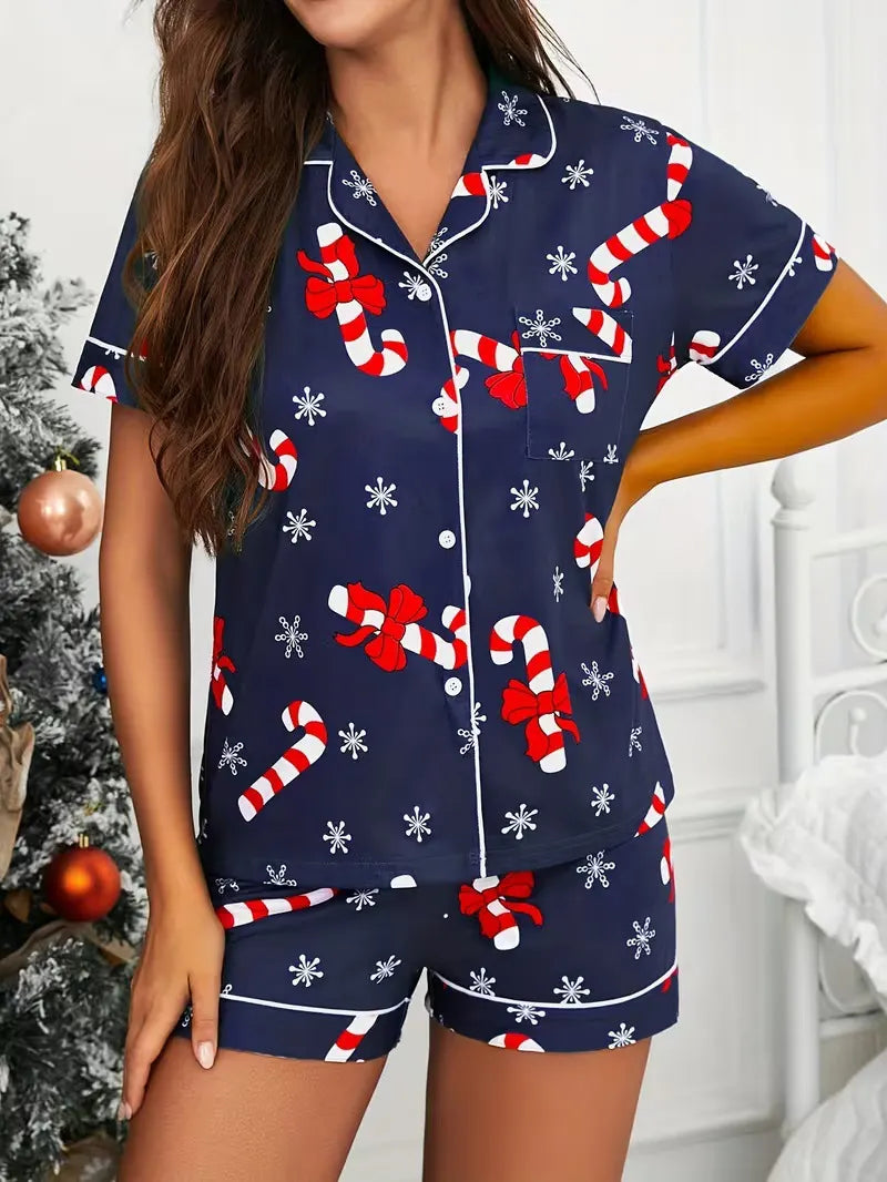 Ladies Plus Size Friendly Satin Pajama Set Cute Panda Heart Pattern Short Sleeve Top & Elastic Shorts Nightwear