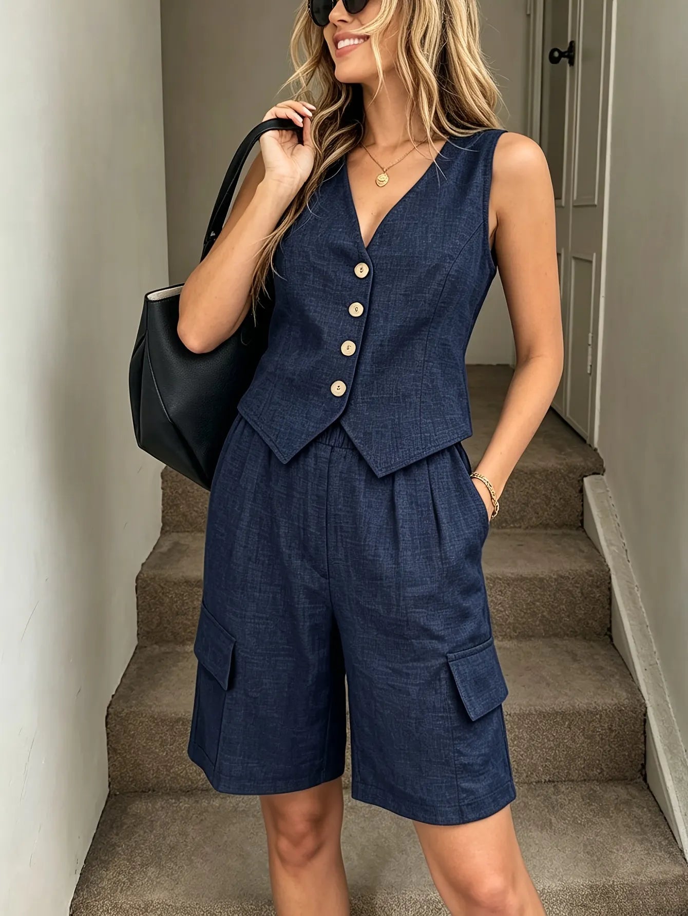 V-Neck Button Vest & Cargo Pocket Shorts Casual Two-Piece Set