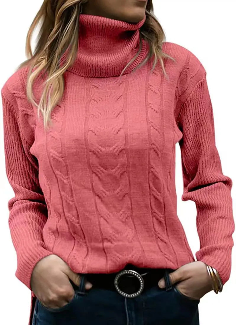 Thick Cable Knit Turtleneck Sweater, Classic Warm Long Sleeve Winter Jumper