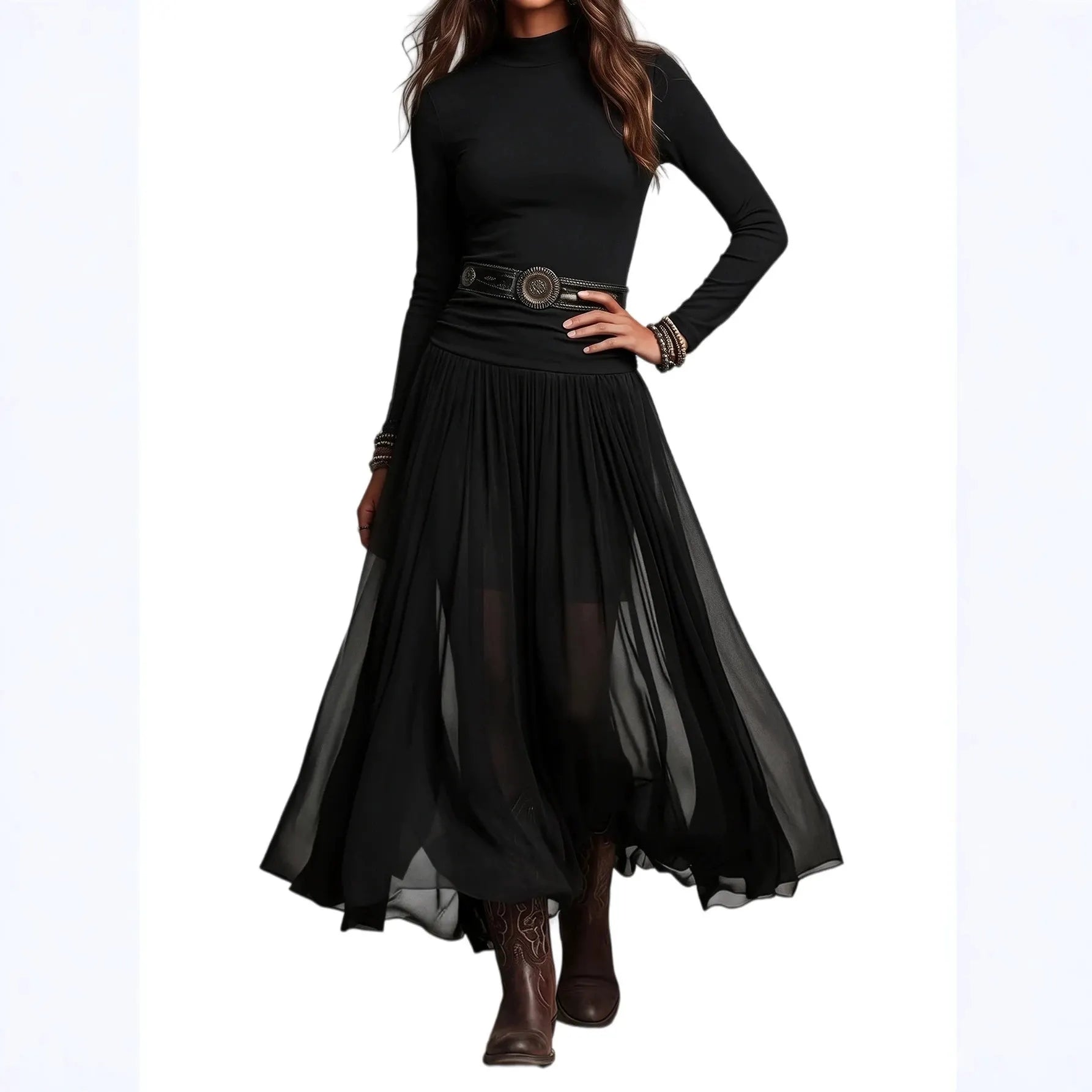 Crew Neck Pleated Maxi Dress