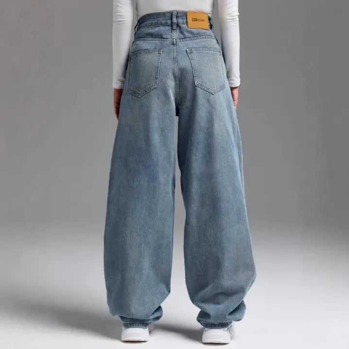 High Waist Stone Washed Blue Slight Stretch Wide Leg Long Denim Jeans