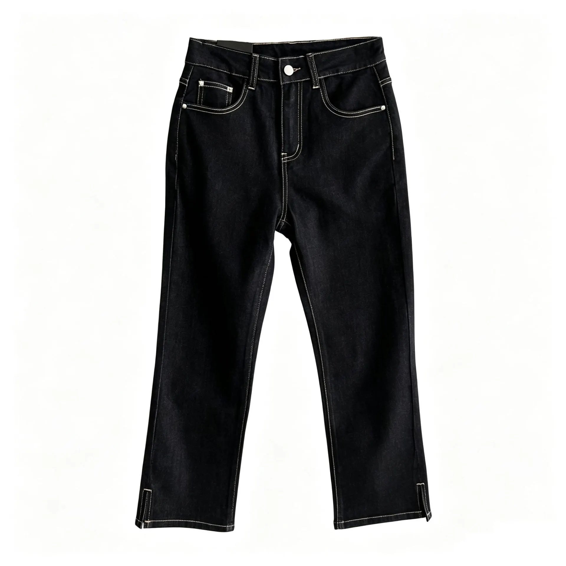 Mid Waist Slim Stretch Retro Split Hem Straight Nine-Point Jeans