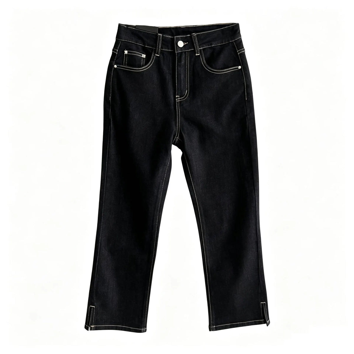 Mid Waist Slim Stretch Retro Split Hem Straight Nine-Point Jeans