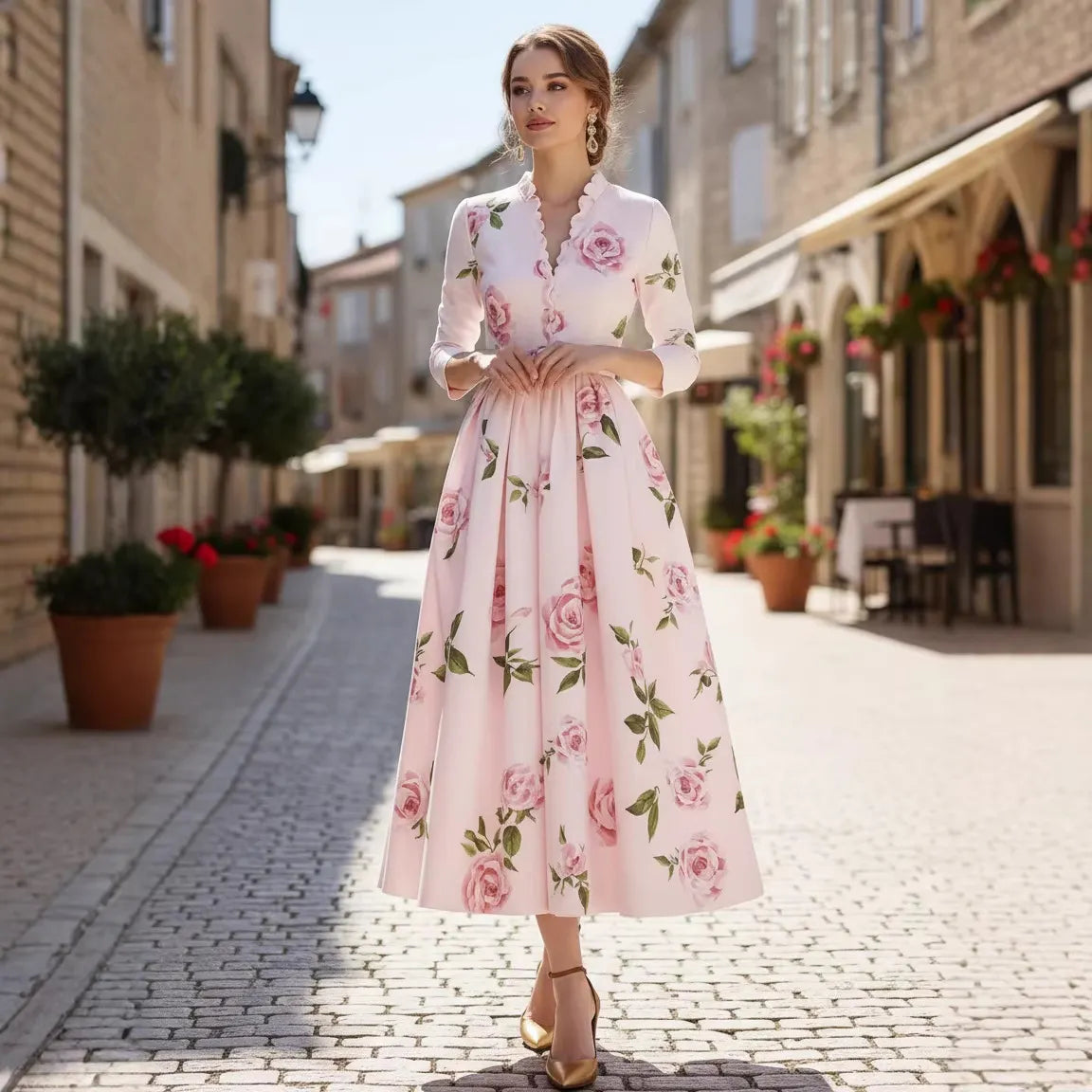Ruffle Neck 3/4 Sleeve Belted Swing Dress
