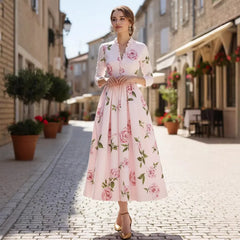 Ruffle Neck 3/4 Sleeve Belted Swing Dress