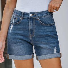 Mid Rise Distressed Denim Shorts