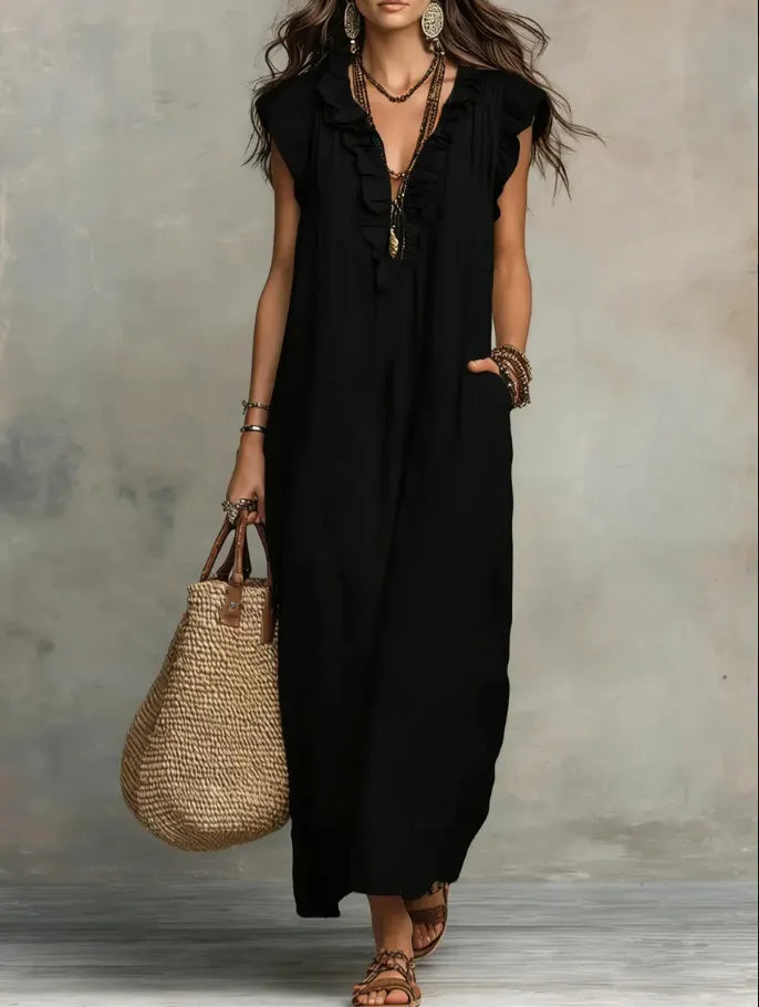 Ruffle-Trimmed Linen-Blend Maxi Dress