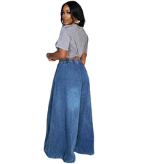 Elastic Drawstring Waist Denim Wide Leg Pants