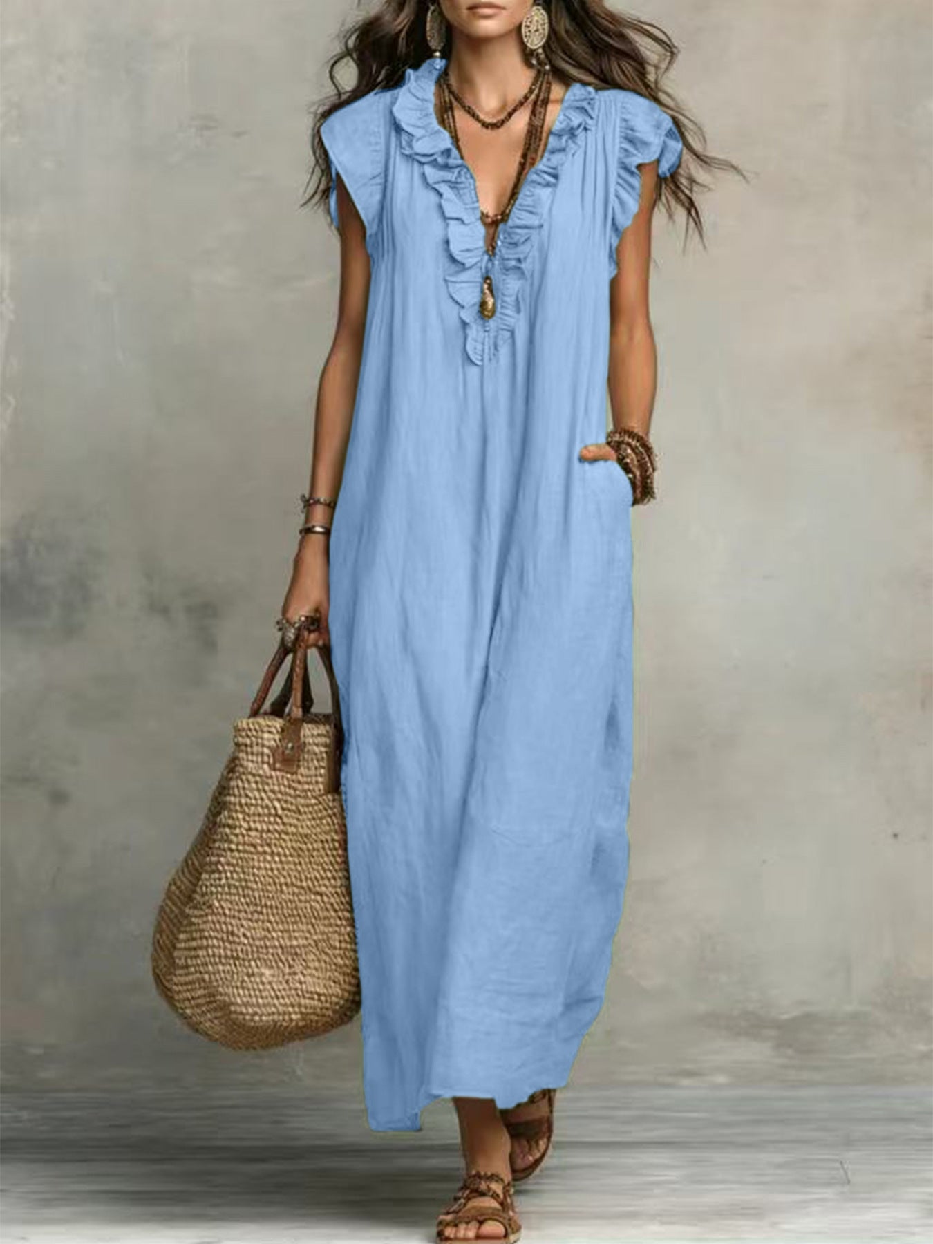 Ruffle-Trimmed Linen-Blend Maxi Dress