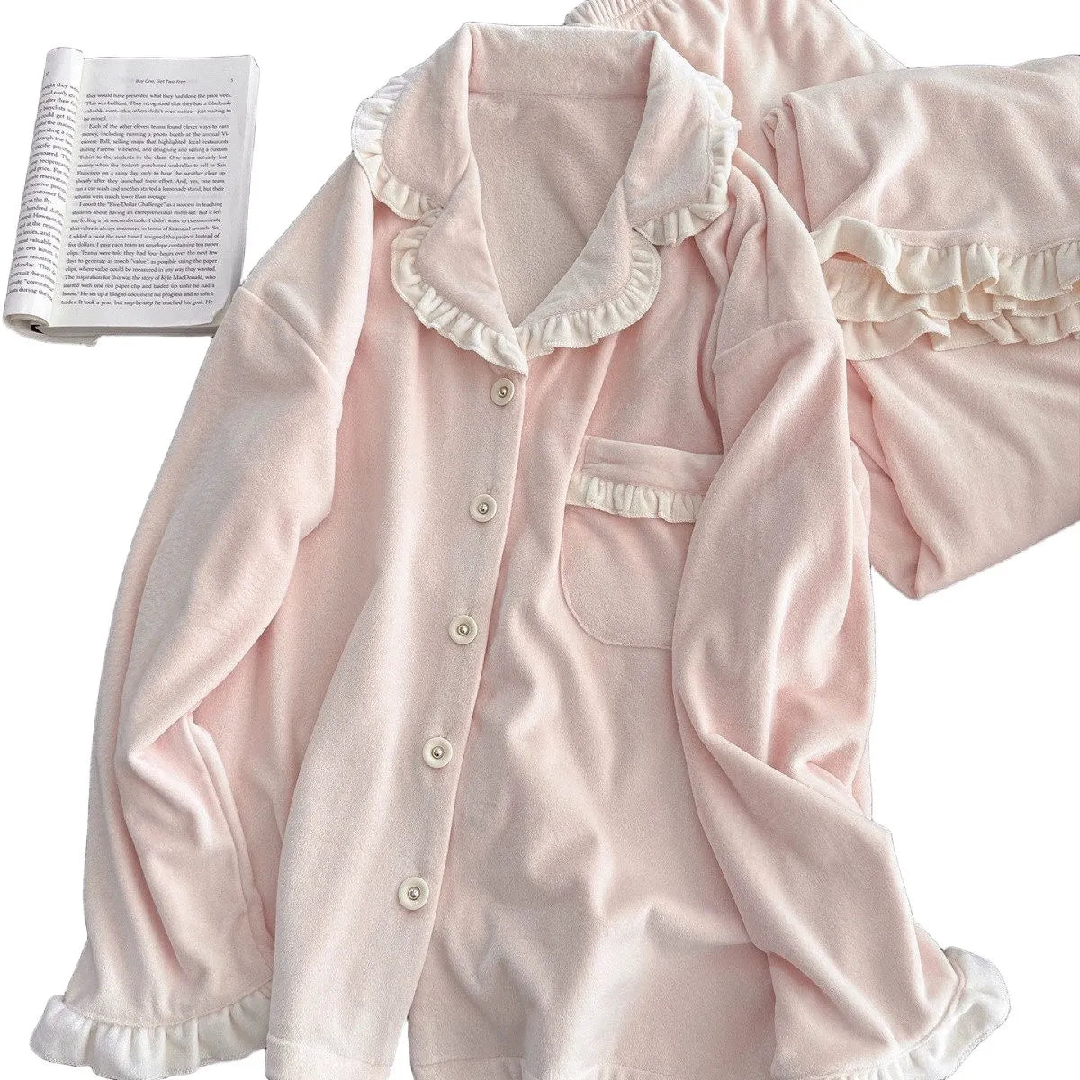 Sweet Pink Ruffle Trim Ladies Sleepwear, 2 Piece Long Sleeve Top & Pants Cozy Home Pajamas