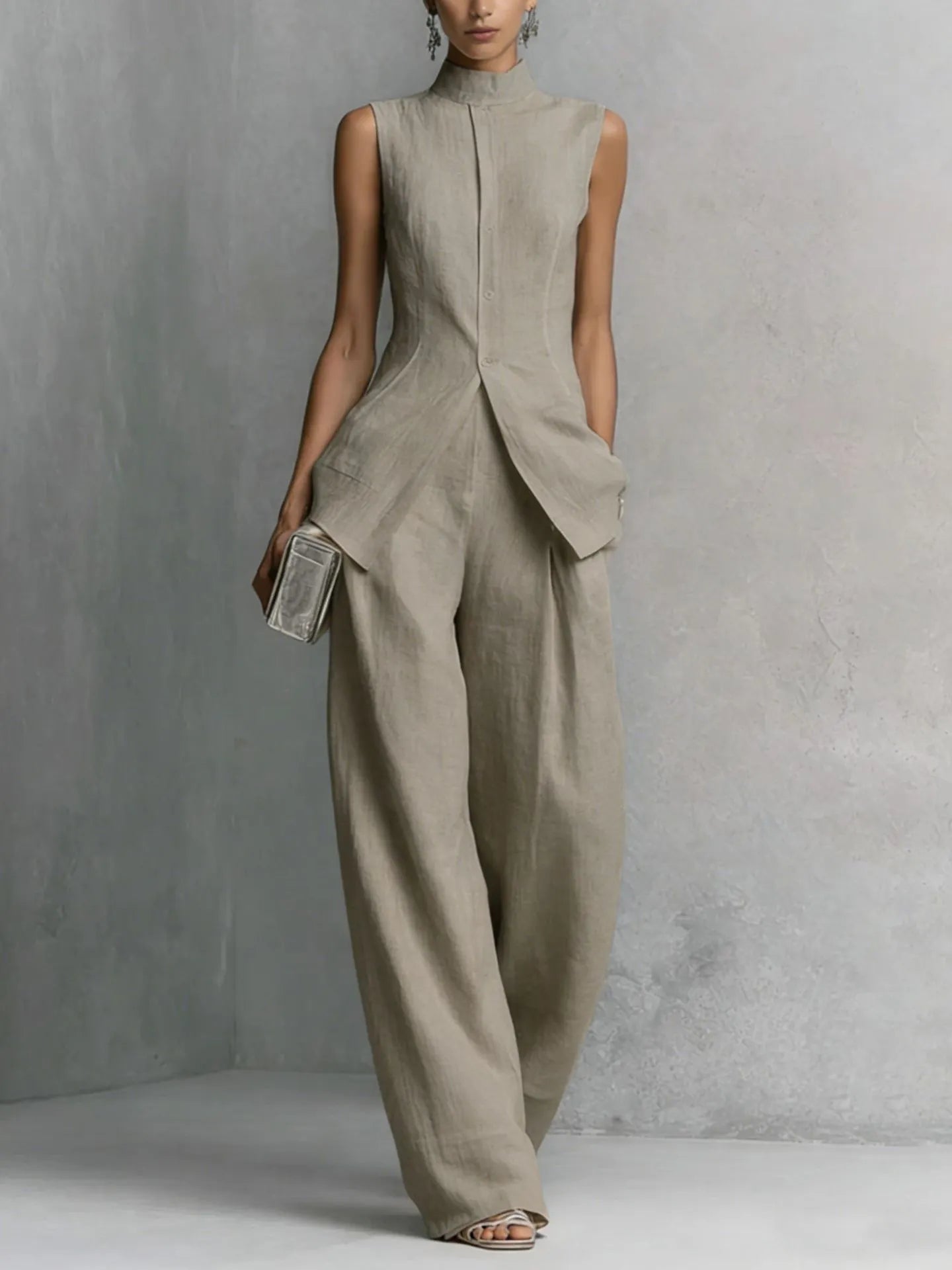 Stand Collar Sleeveless Linen Top & Wide Leg Pants 2 Piece Matching Set